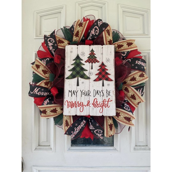 May Your Days Be Merry and Bright Buffalo Check Christmas Tree Deco Mesh Wreath - Picture 1 of 7